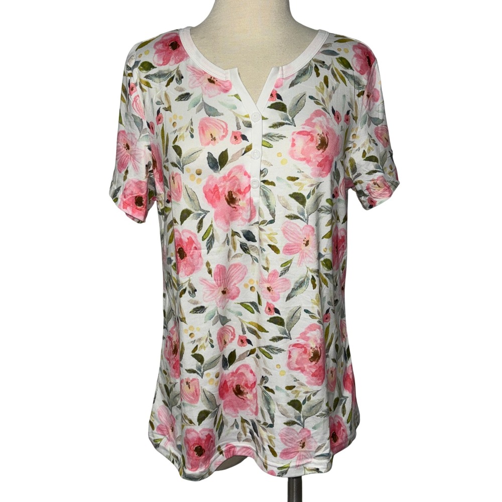 Ekouaer Floral Pajama‎ Top Women's Medium Pink Flower Print Henley Sleep Shirt